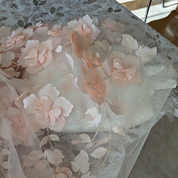 Blush Pink Floral Appliques Tulle Fabric - Picture 3 of 5